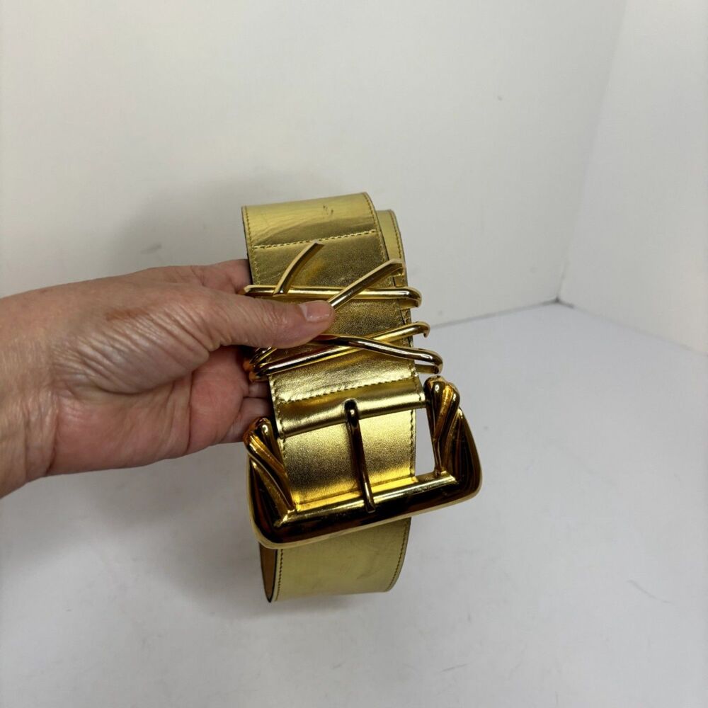 Roberto Valera Design Wide Metallic Gold Leather Belt Statement Buckle Womens - Picture 6 of 7